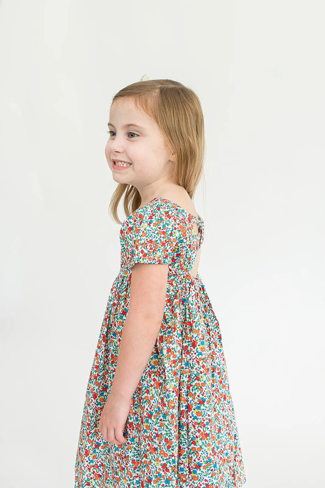 Girl’s Red Ditsy Floral Puff Sleeve Dress with Cut Out