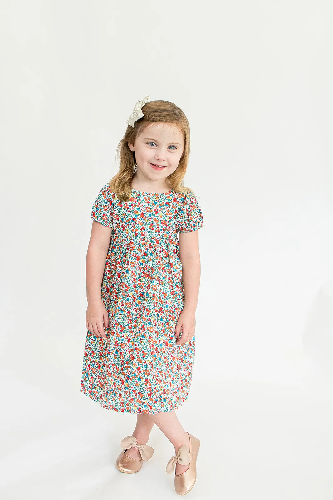 Girl’s Red Ditsy Floral Puff Sleeve Dress with Cut Out