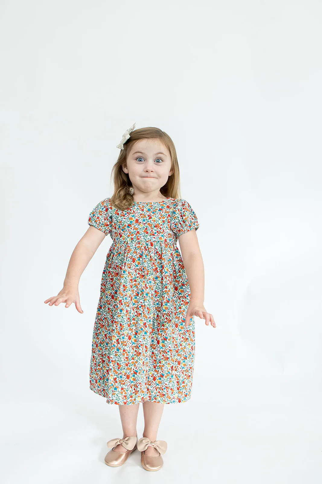 Girl’s Red Ditsy Floral Puff Sleeve Dress with Cut Out