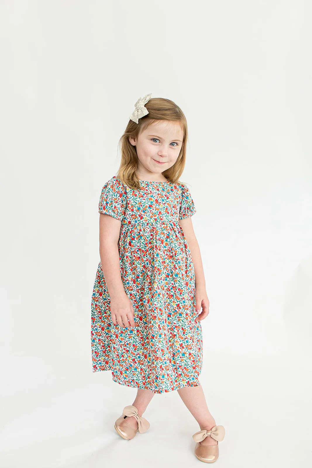 Girl’s Red Ditsy Floral Puff Sleeve Dress with Cut Out