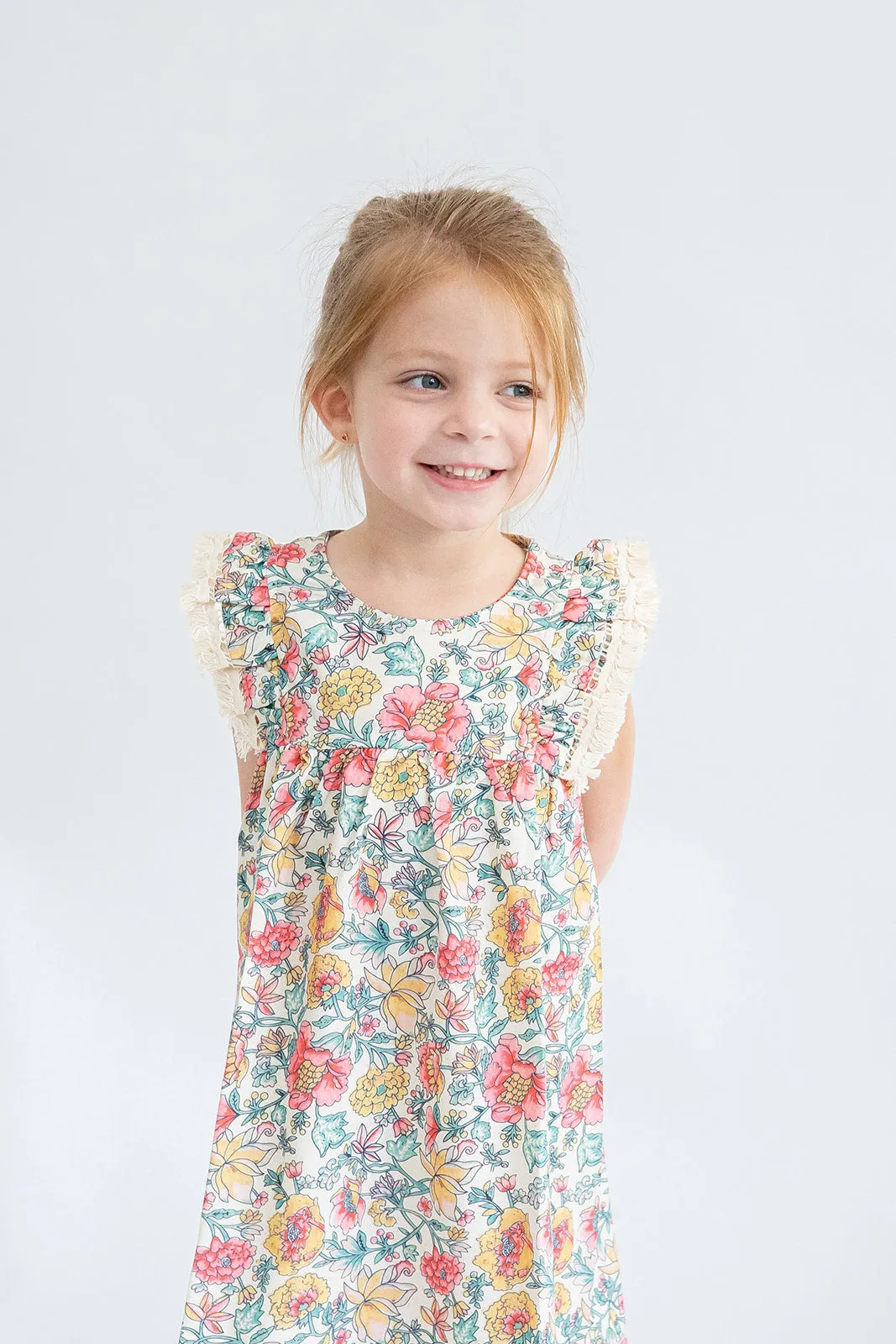 Girl’s Red Yellow and Green Floral Dress with Fringe Sleeves