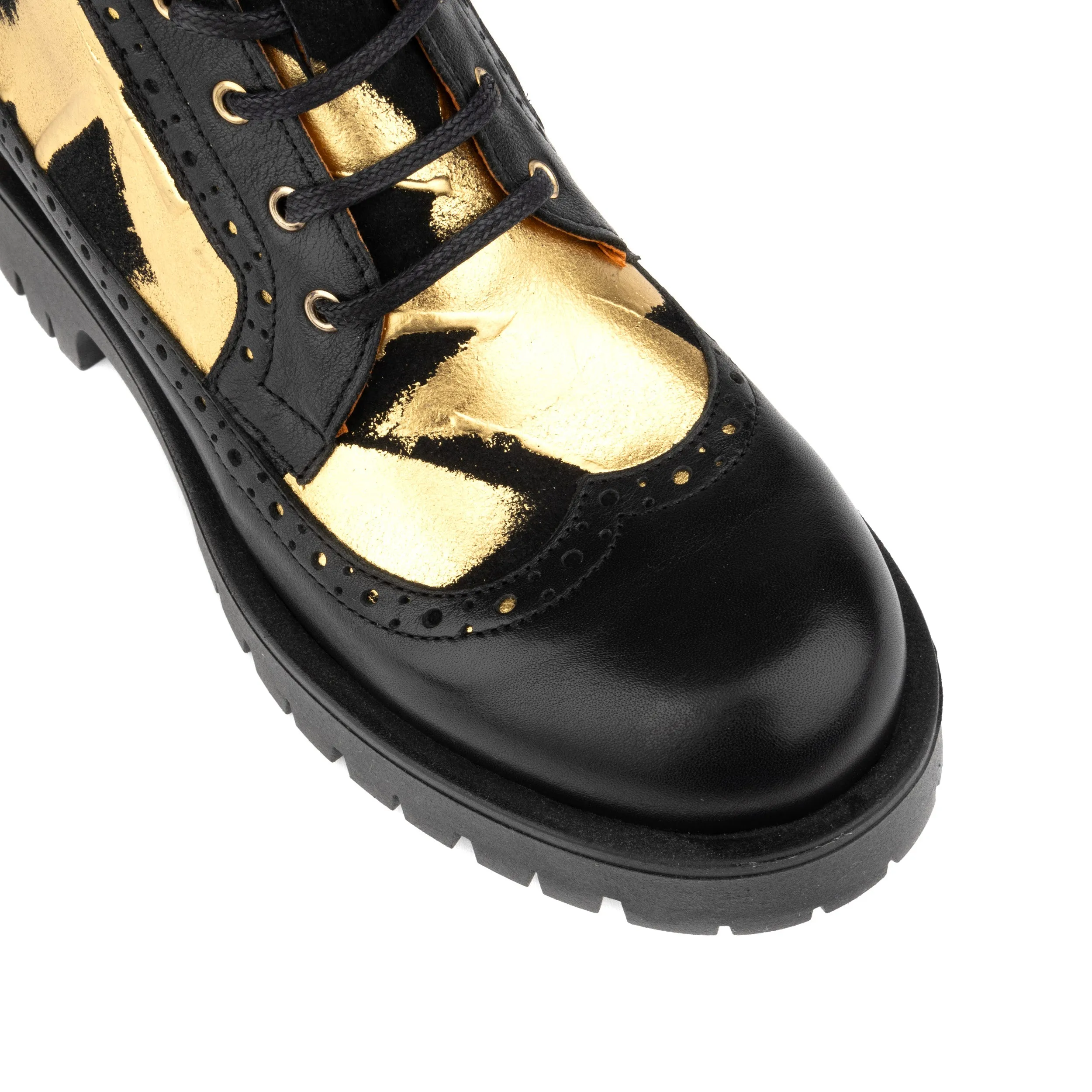 Hatter Platform - Black - Women's platform ankle boot with golden and black leather