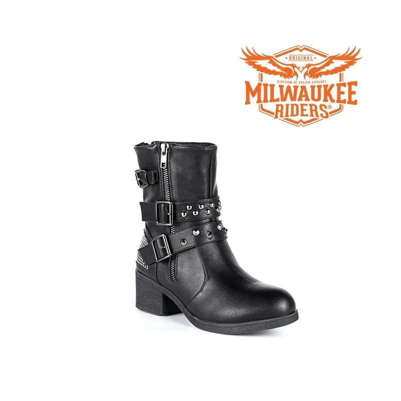 Ladies Zippered Black Multi-Studded Buckle Boots By Milwaukee Riders®