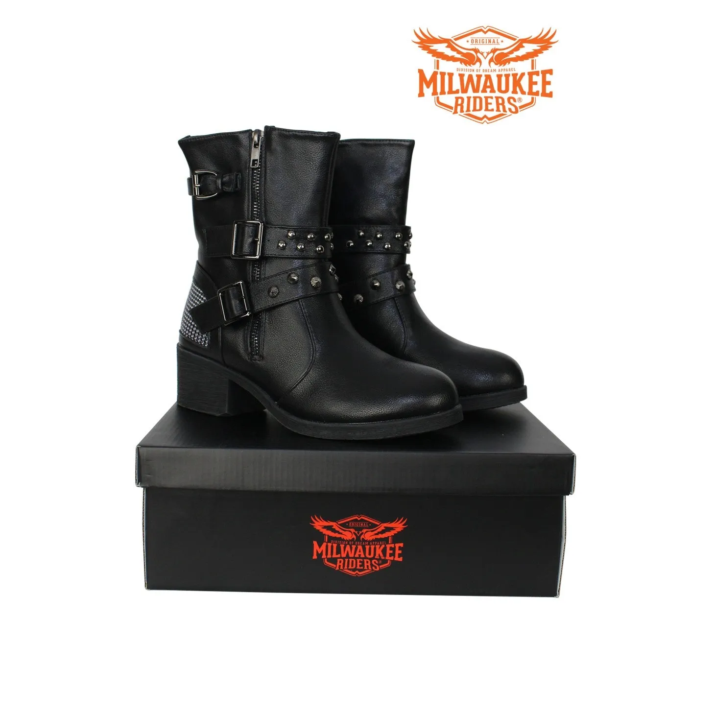 Ladies Zippered Black Multi-Studded Buckle Boots By Milwaukee Riders®