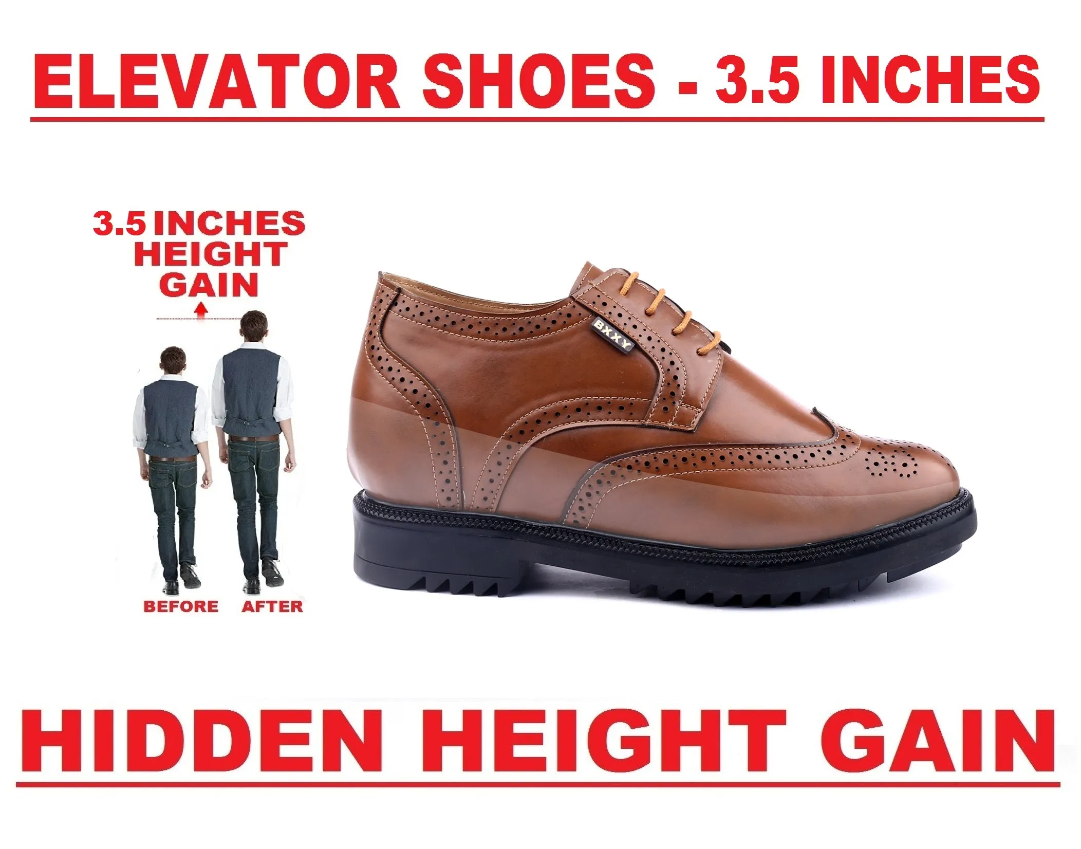 Men's 3.5 inch Hidden Height Increasing Faux Leather Formal Brogue Shoes