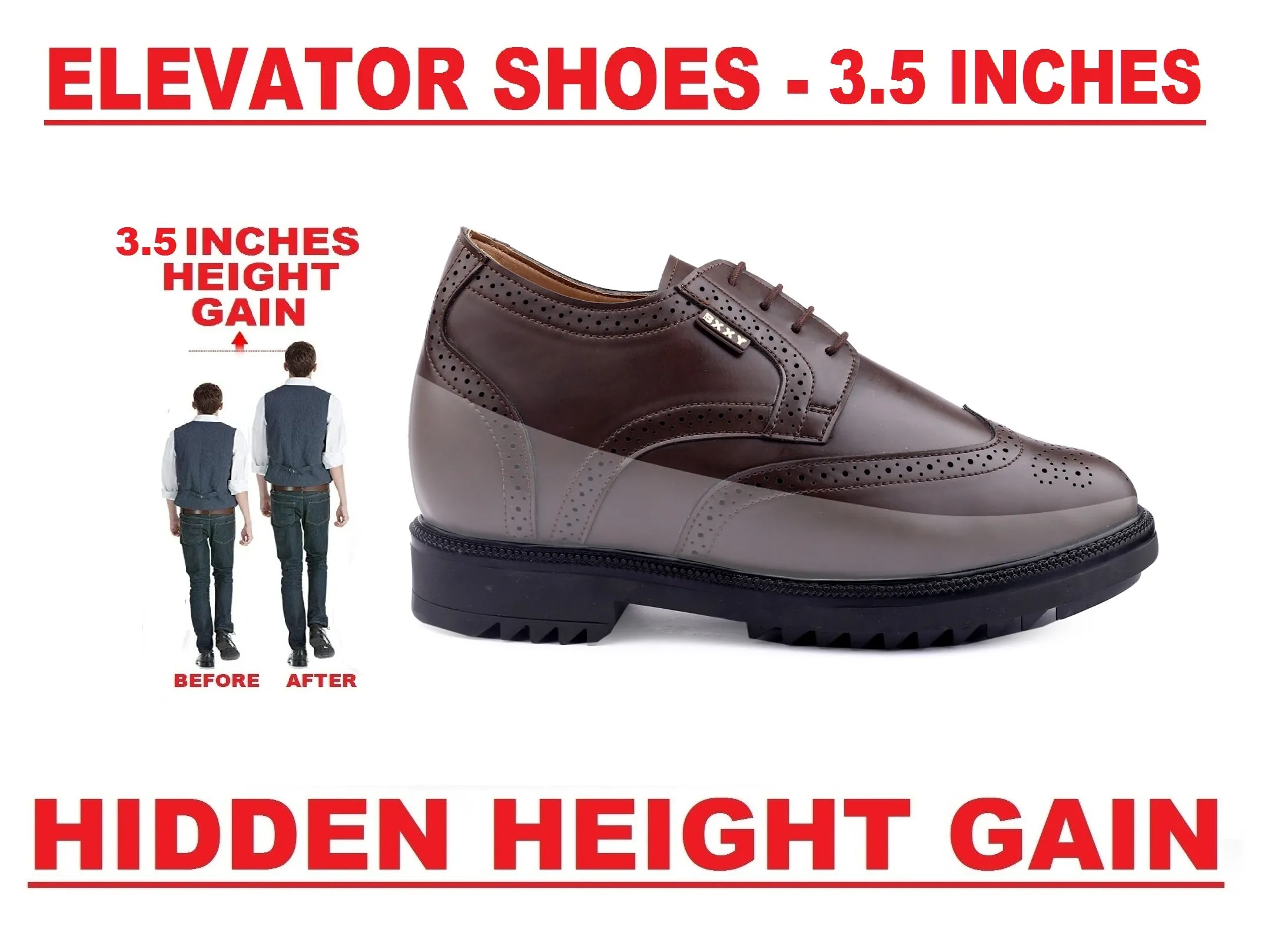 Men's 3.5 inch Hidden Height Increasing Faux Leather Formal Brogue Shoes