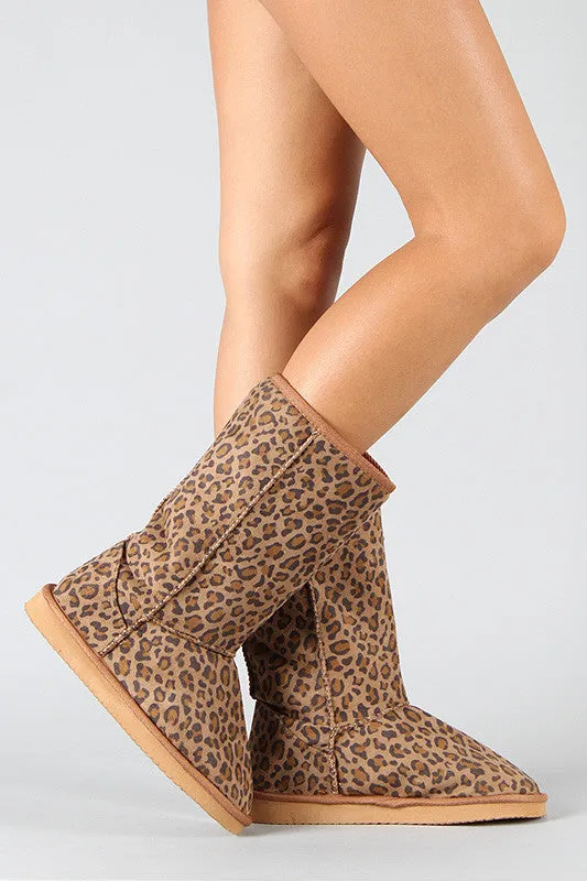 Miss Me Leopard Round Toe Mid Calf Boot