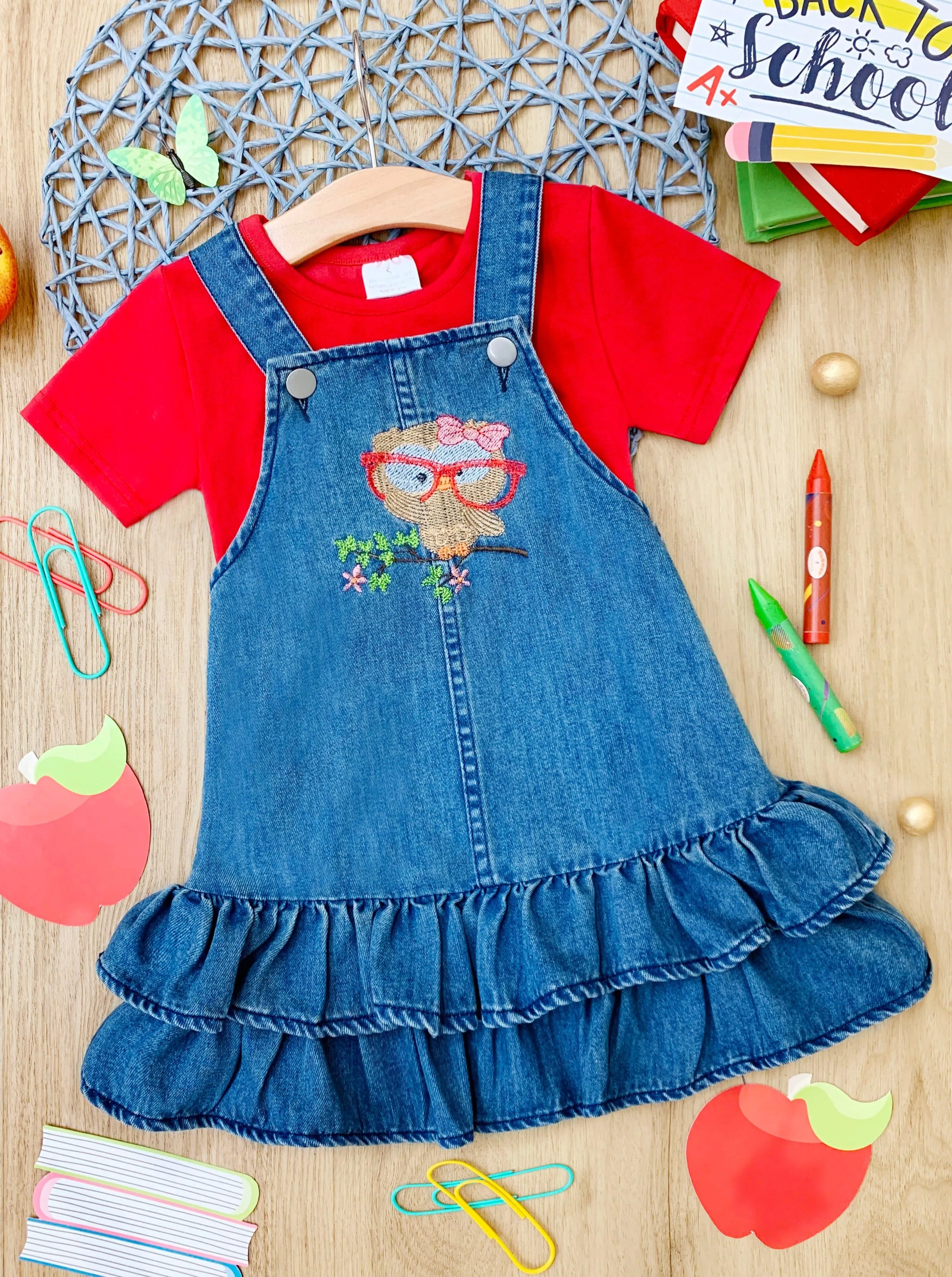 Owl Denim Overall Dress Set