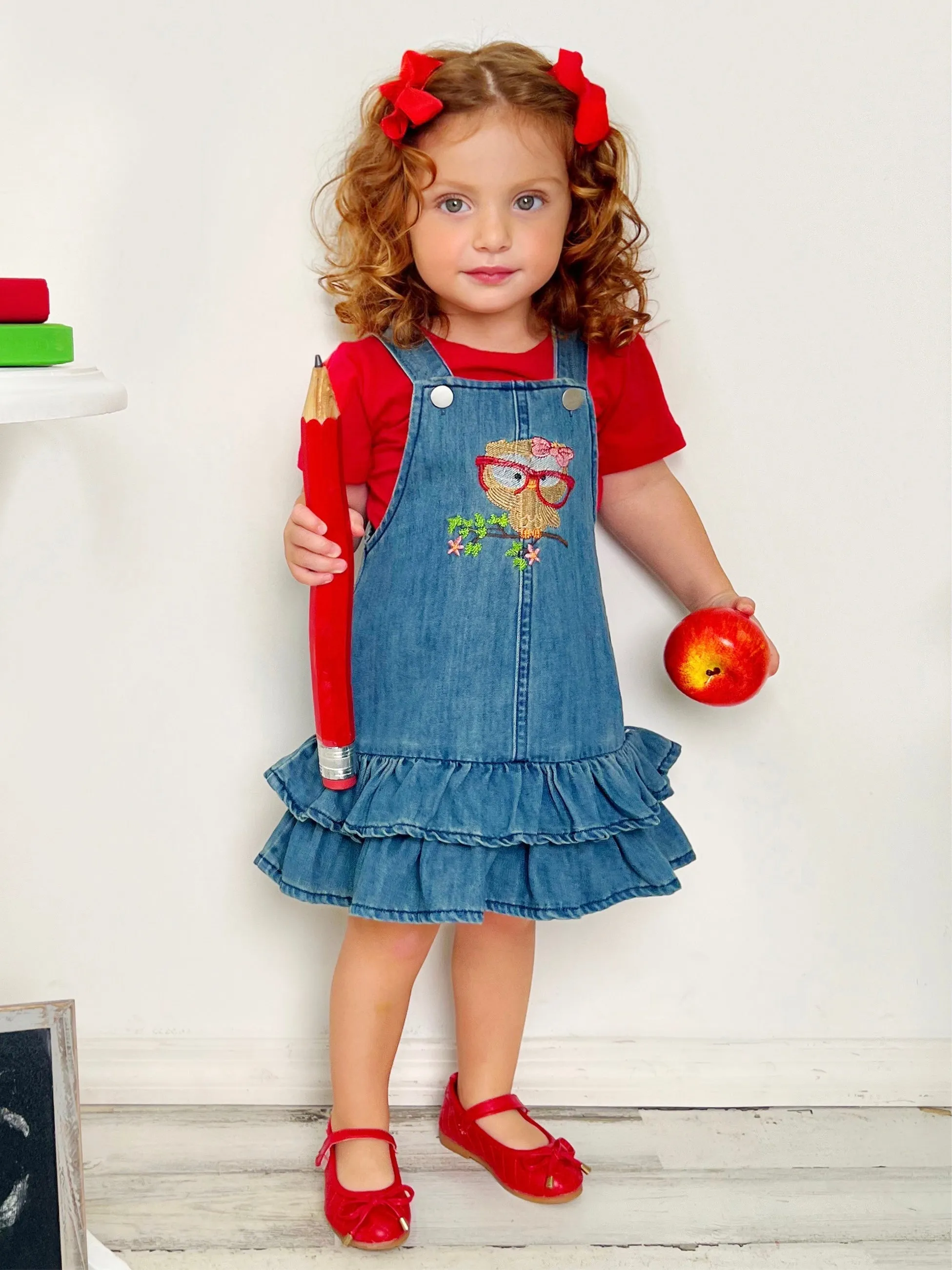 Owl Denim Overall Dress Set