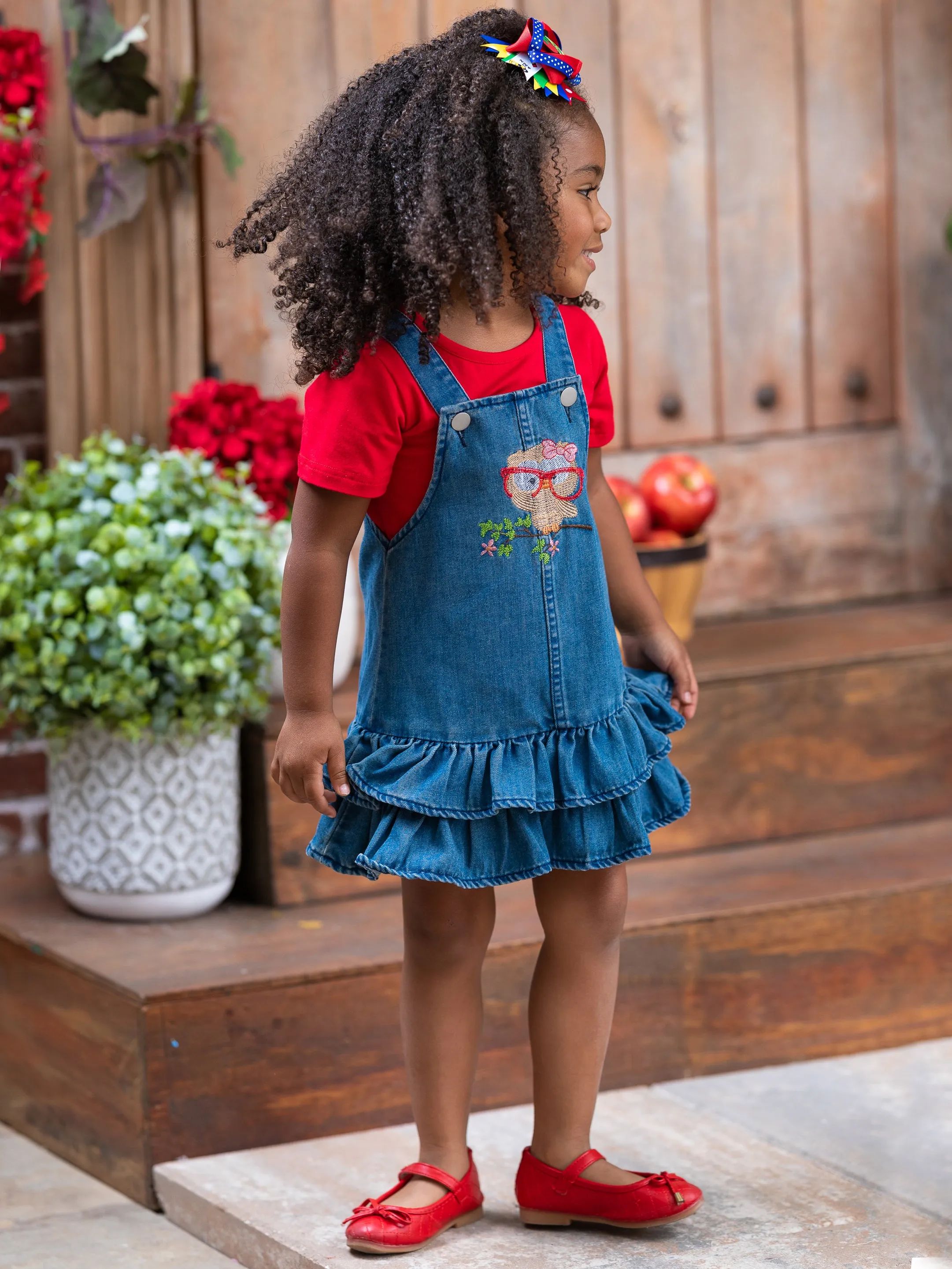 Owl Denim Overall Dress Set