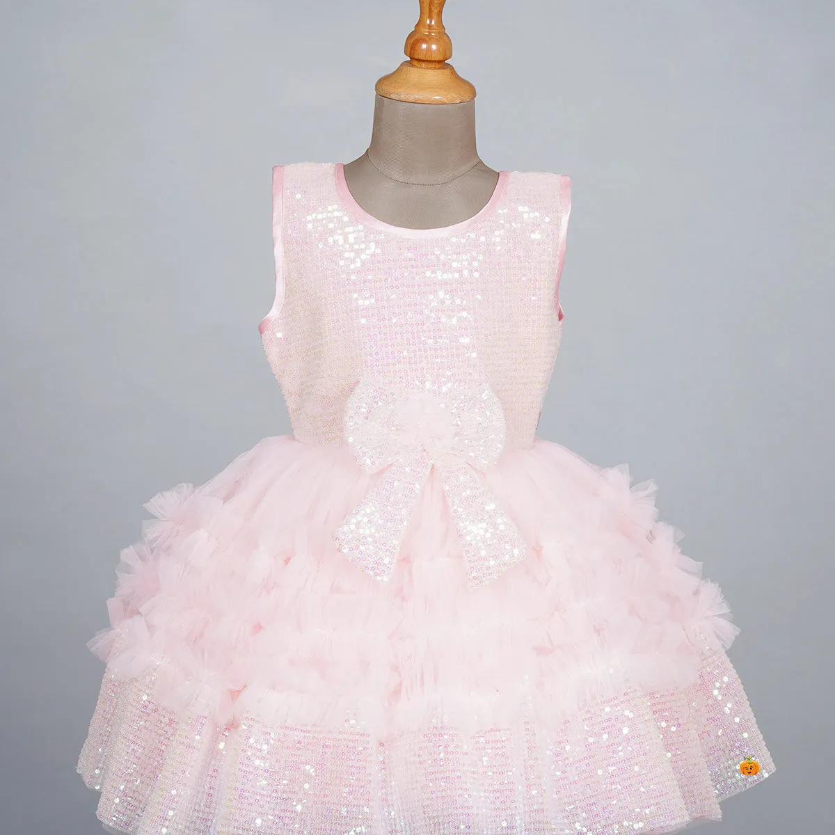 Peach Sequin Bow Frock for Girls