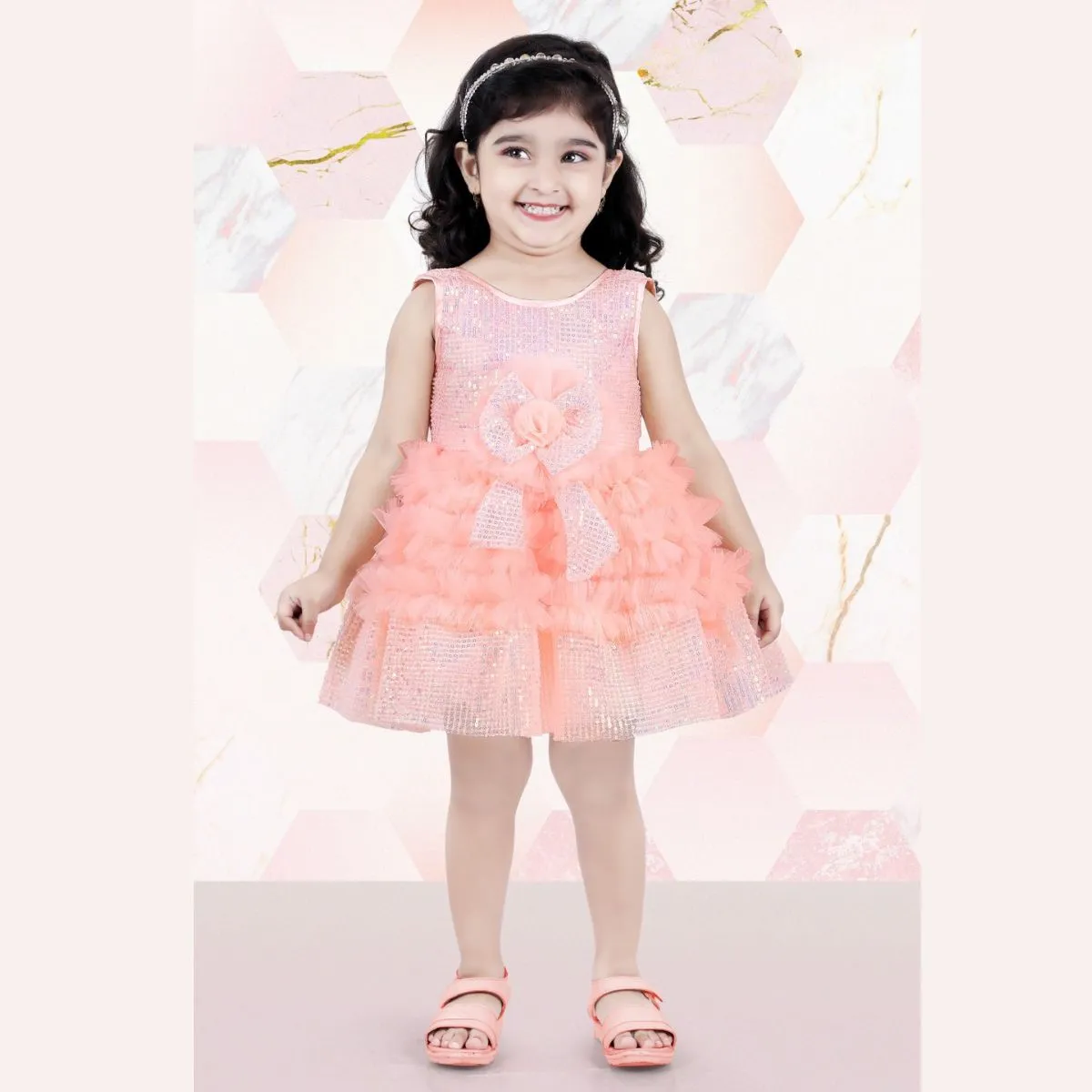 Peach Sequin Bow Frock for Girls