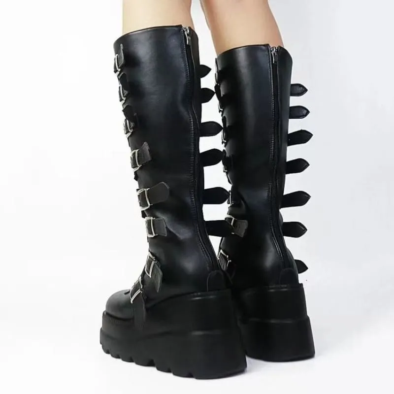 Punk Emo High Leg Boots with Multi Metal Buckles and Platform Design