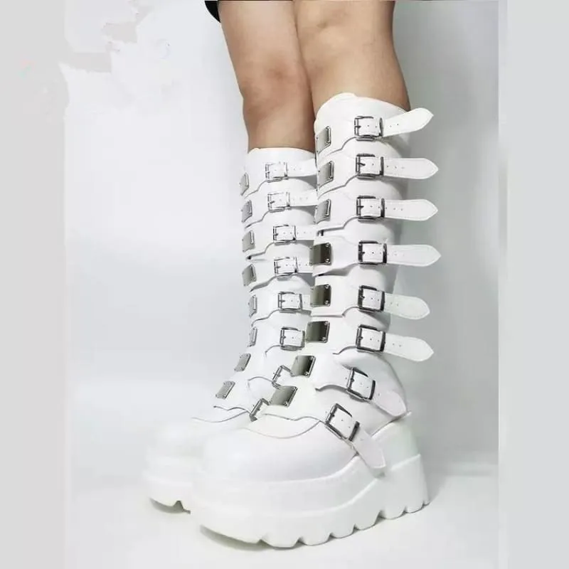 Punk Emo High Leg Boots with Multi Metal Buckles and Platform Design