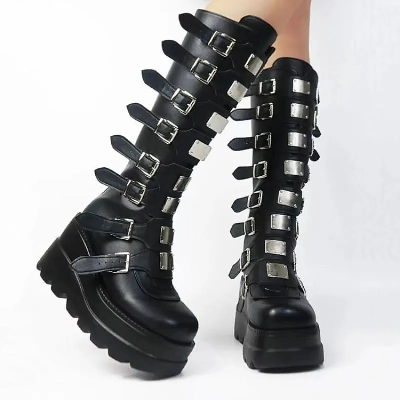 Punk Emo High Leg Boots with Multi Metal Buckles and Platform Design