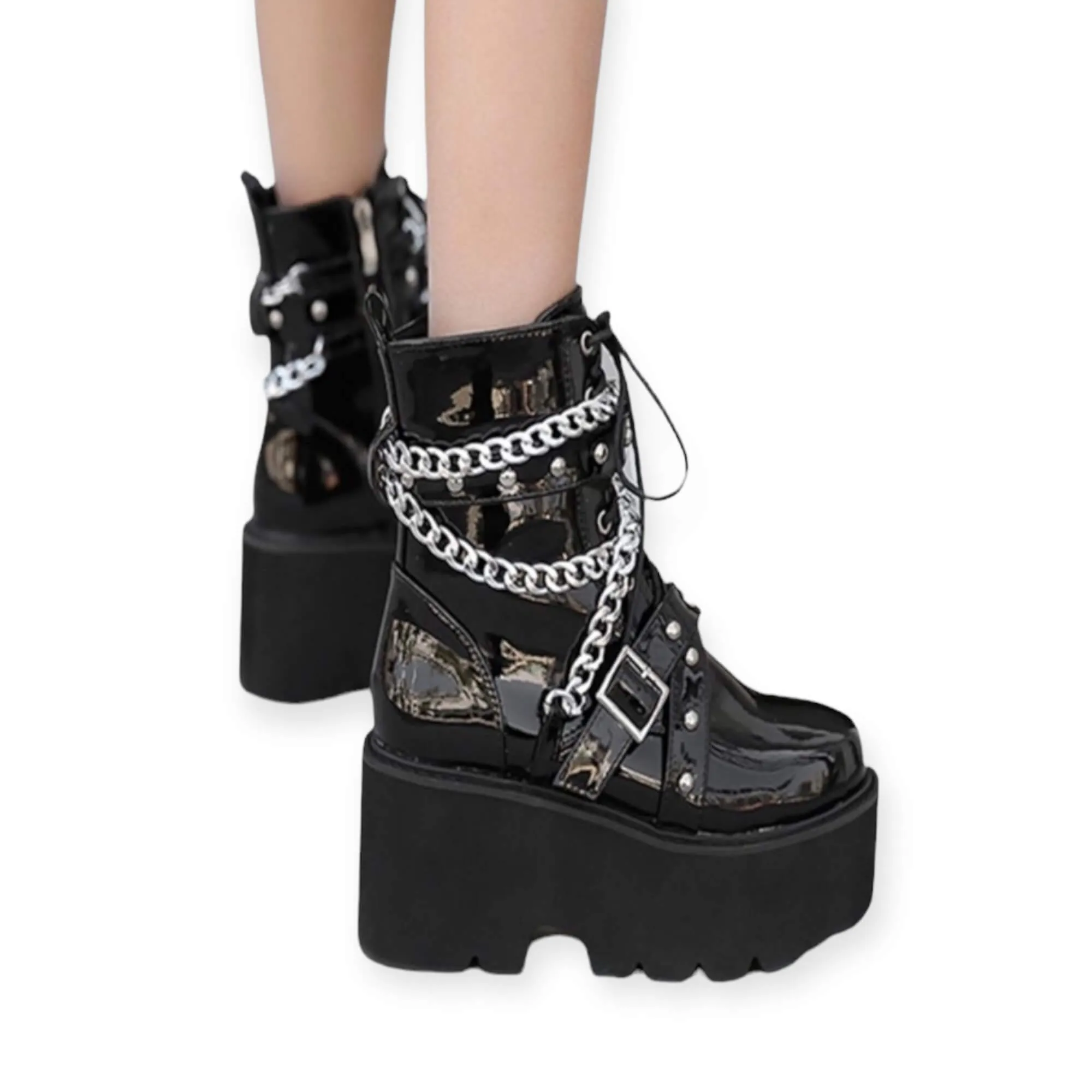 Silver Chain Studded Black Patent Platform Boots