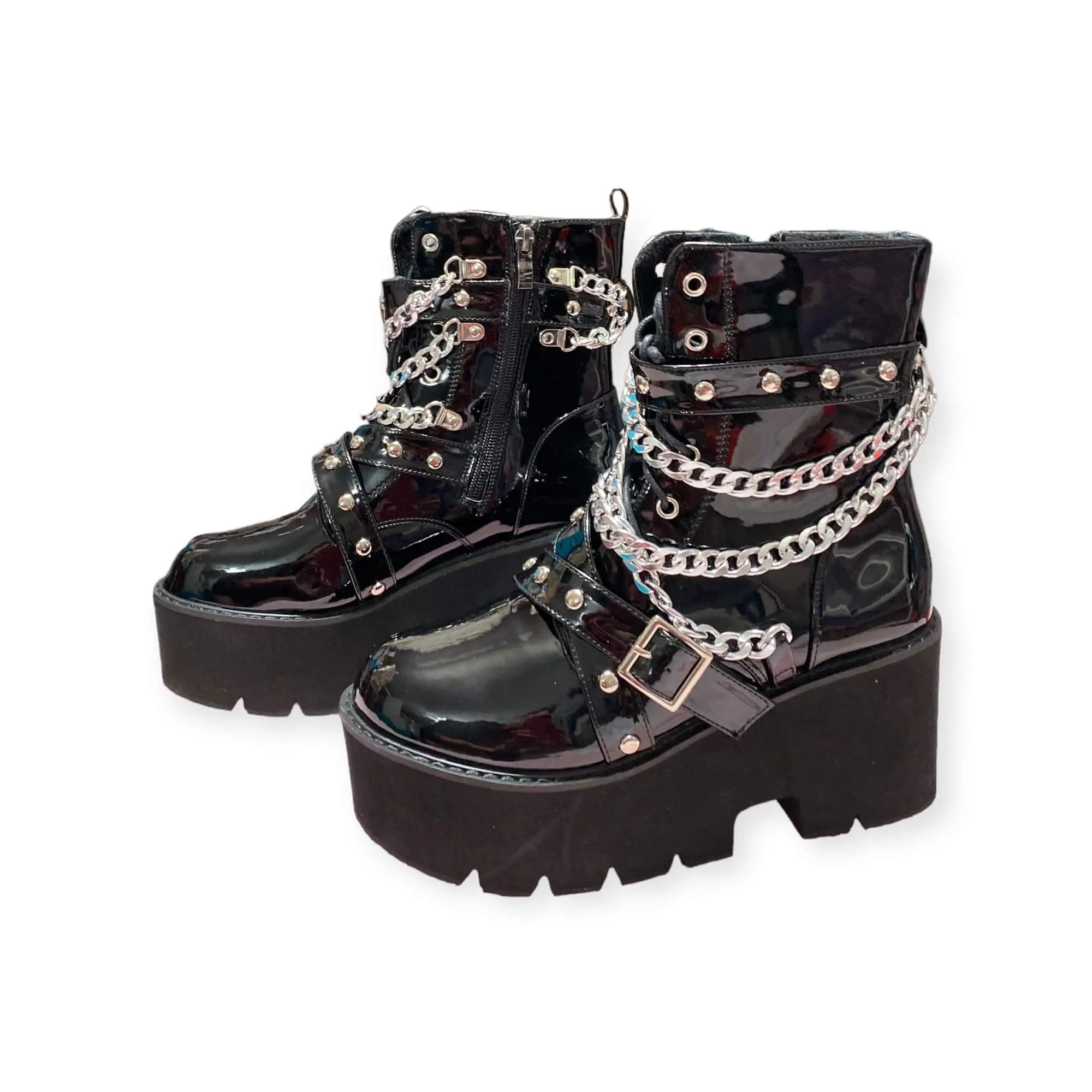 Silver Chain Studded Black Patent Platform Boots