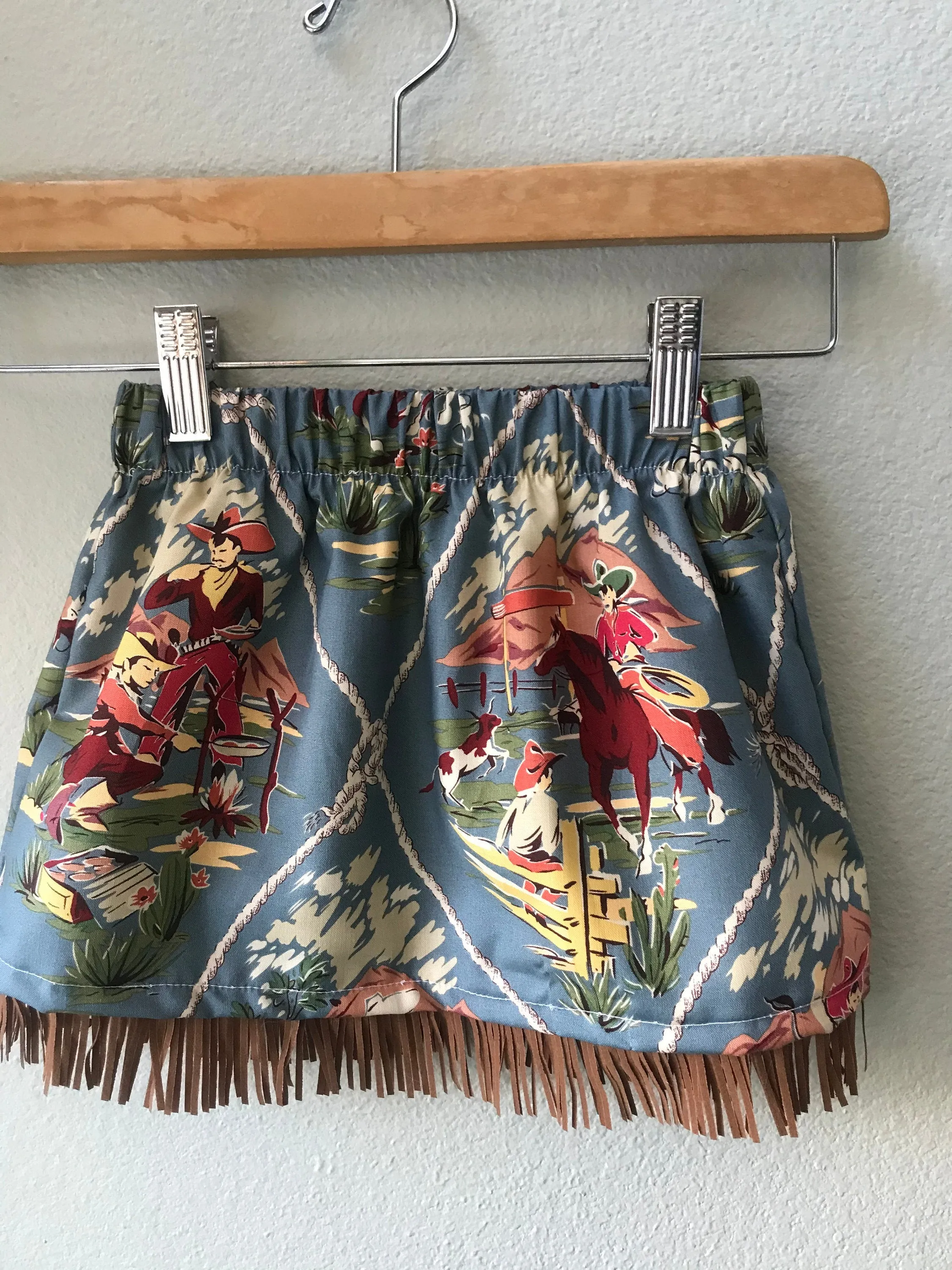 Skirt Blue Cowgirl, Cowboy Cotton Print,  Suede Fringe, Girls