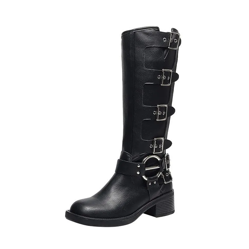 Stylish Multi Buckle Chunky Knee-high Boots for Autumn Wear