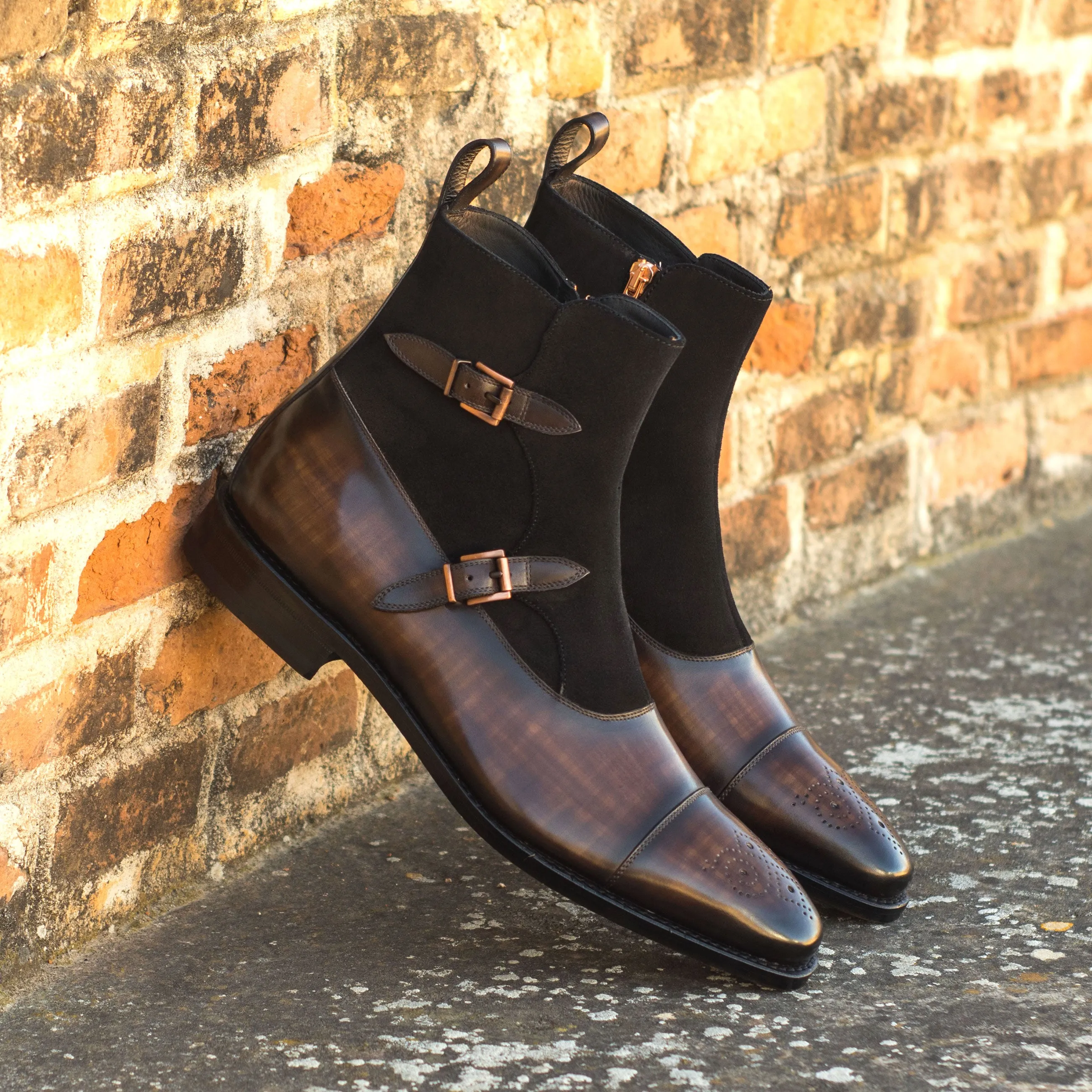 Suede & Patina Leather Double Monk Boots