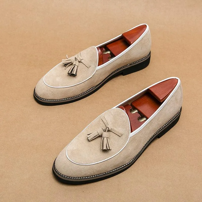 Suede Stitched Tassel Loafers - Men Shoes