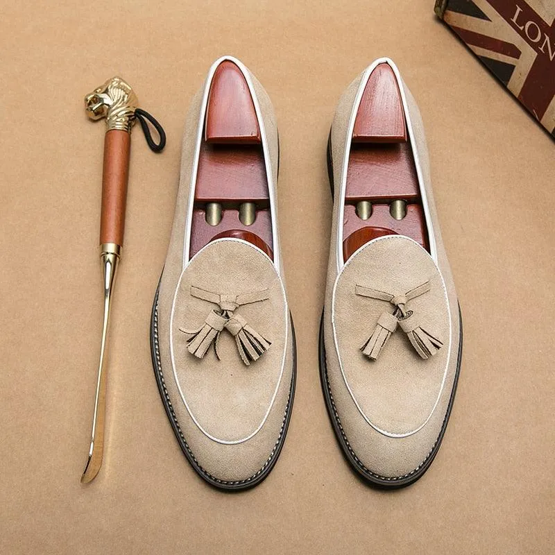 Suede Stitched Tassel Loafers - Men Shoes