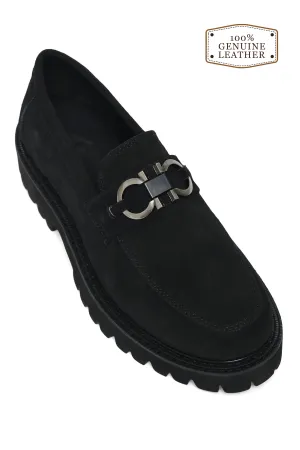 SUEDE TEXTURED CLASSIC BIT LOAFERS-BLACK