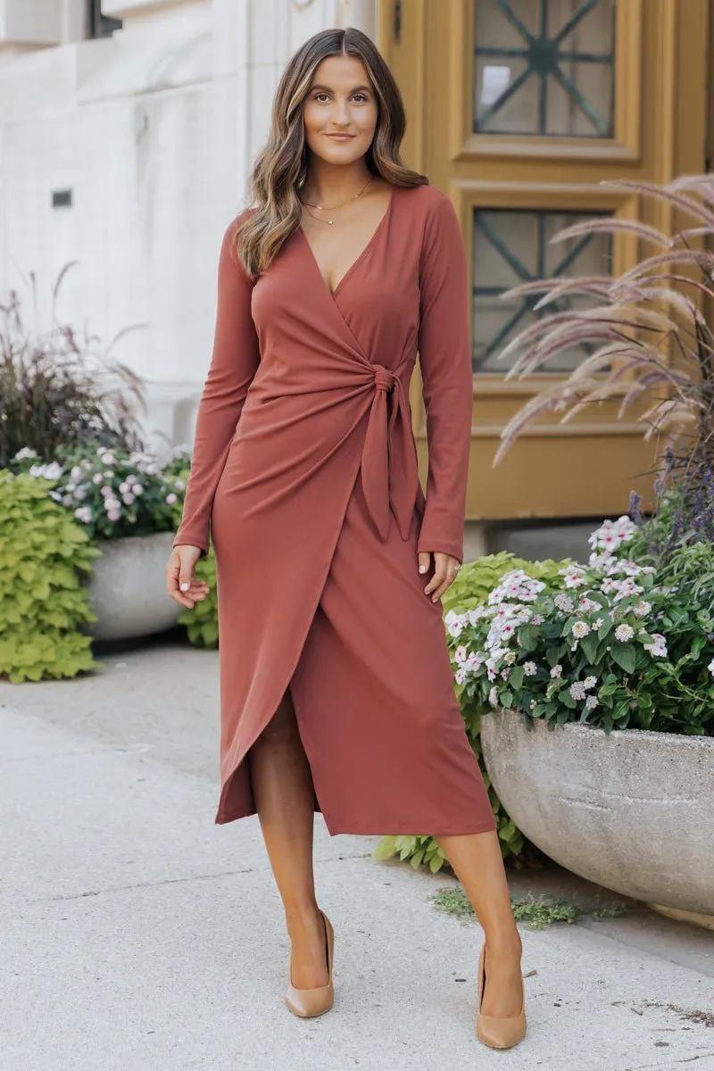 Surplice Ribbed Midi Wrap Dress - Brick - FINAL SALE