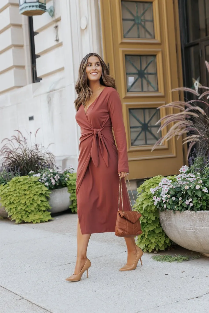 Surplice Ribbed Midi Wrap Dress - Brick - FINAL SALE