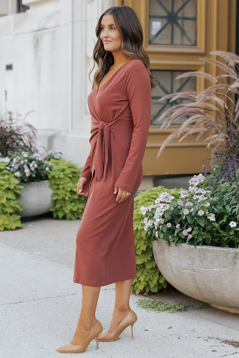 Surplice Ribbed Midi Wrap Dress - Brick - FINAL SALE