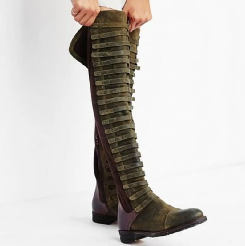 Tall Olive Green and Burgundy Faux Suede Round Toe Knee Boots