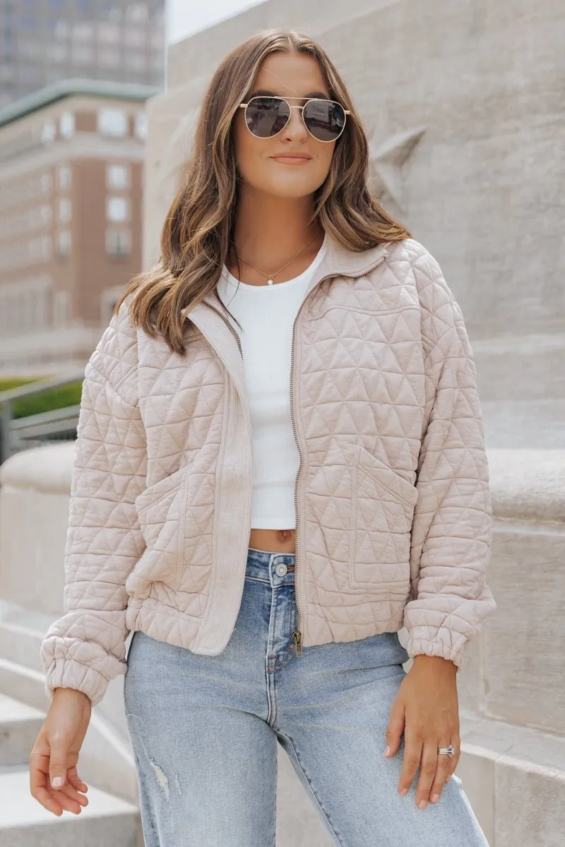 Taupe Quilted Bomber Jacket