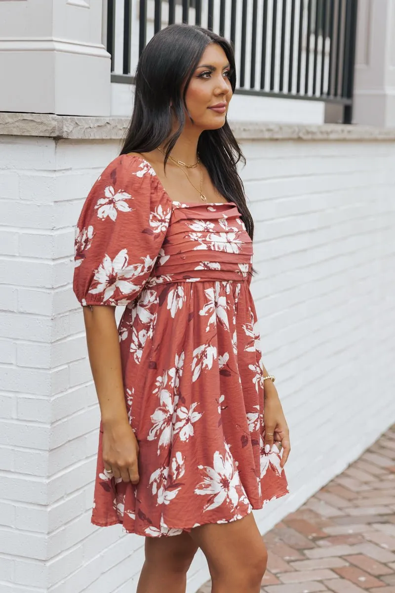 Terracotta Floral Print Pleated Mini Dress - FINAL SALE