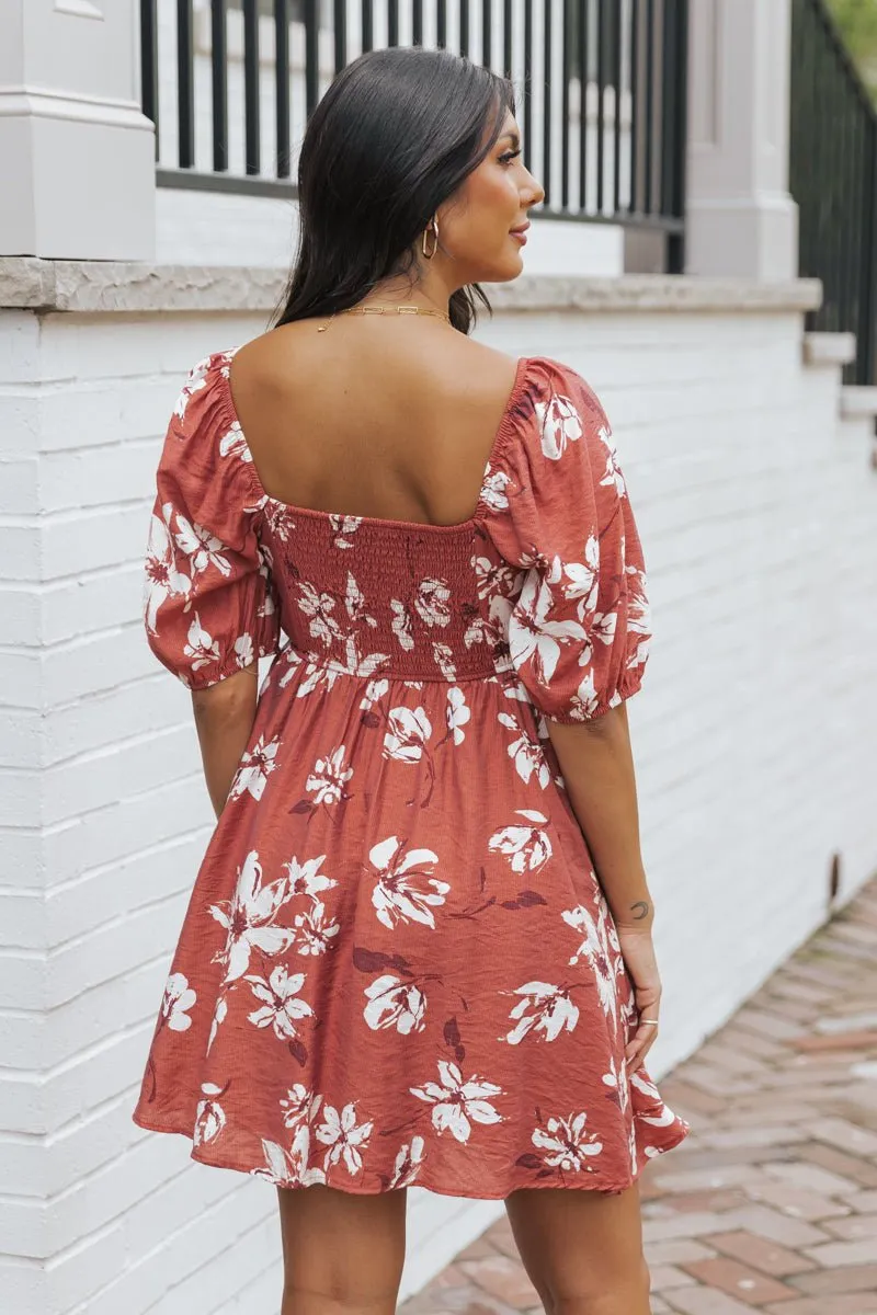 Terracotta Floral Print Pleated Mini Dress - FINAL SALE