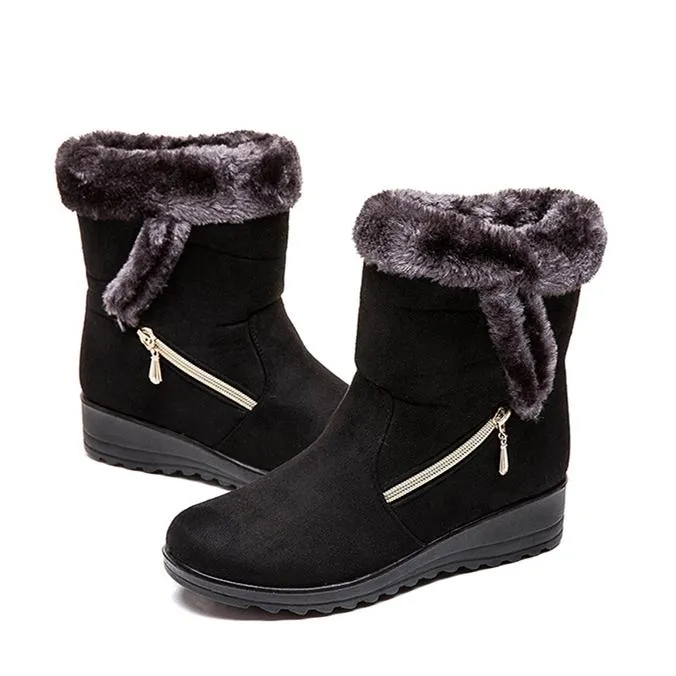 Women flat heel side zipper faux fur short winter snow boots