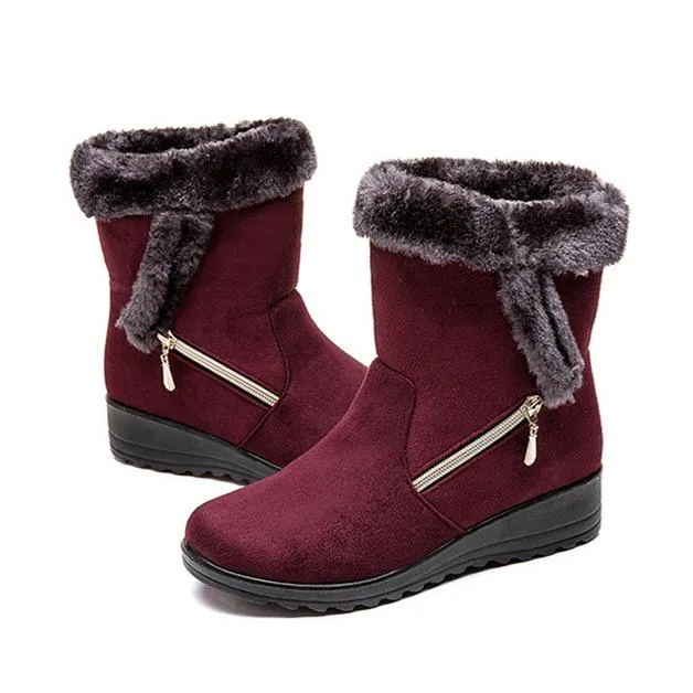 Women flat heel side zipper faux fur short winter snow boots