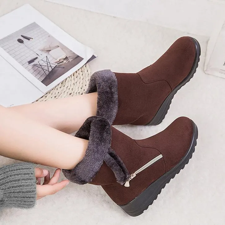 Women flat heel side zipper faux fur short winter snow boots