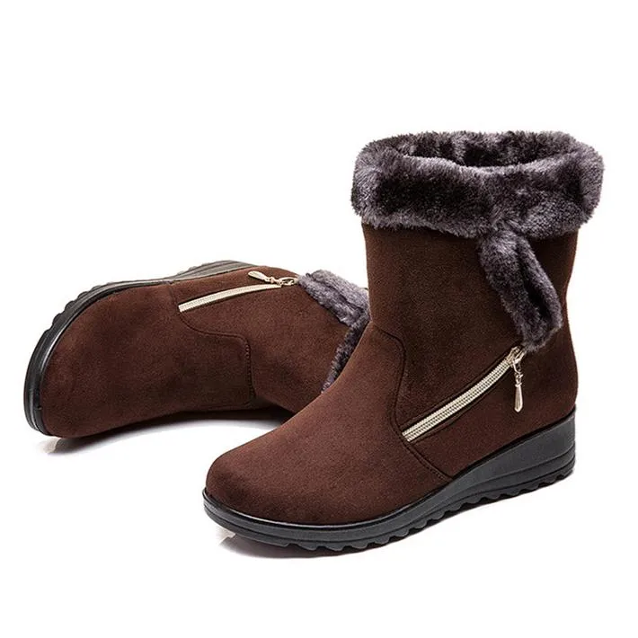 Women flat heel side zipper faux fur short winter snow boots