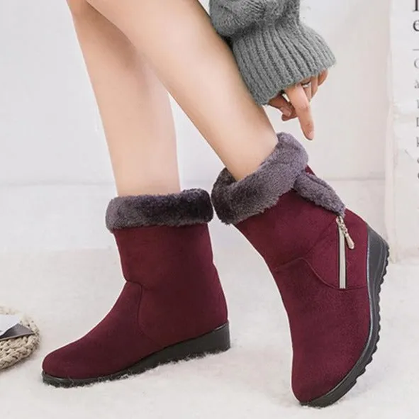 Women flat heel side zipper faux fur short winter snow boots