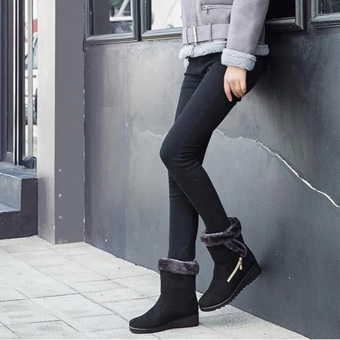 Women flat heel side zipper faux fur short winter snow boots