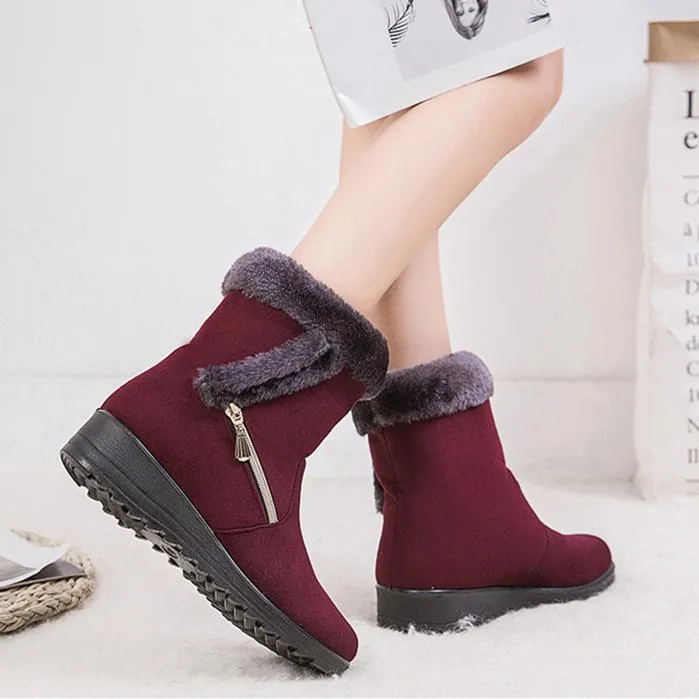 Women flat heel side zipper faux fur short winter snow boots