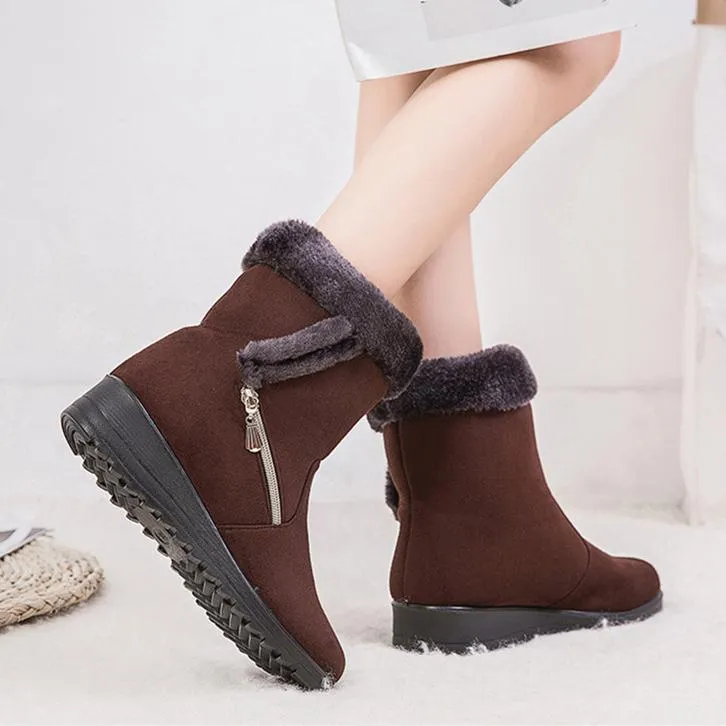 Women flat heel side zipper faux fur short winter snow boots