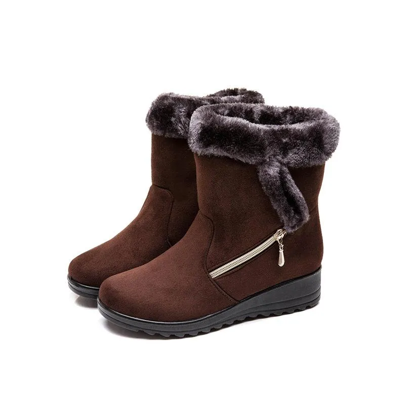 Women flat heel side zipper faux fur short winter snow boots