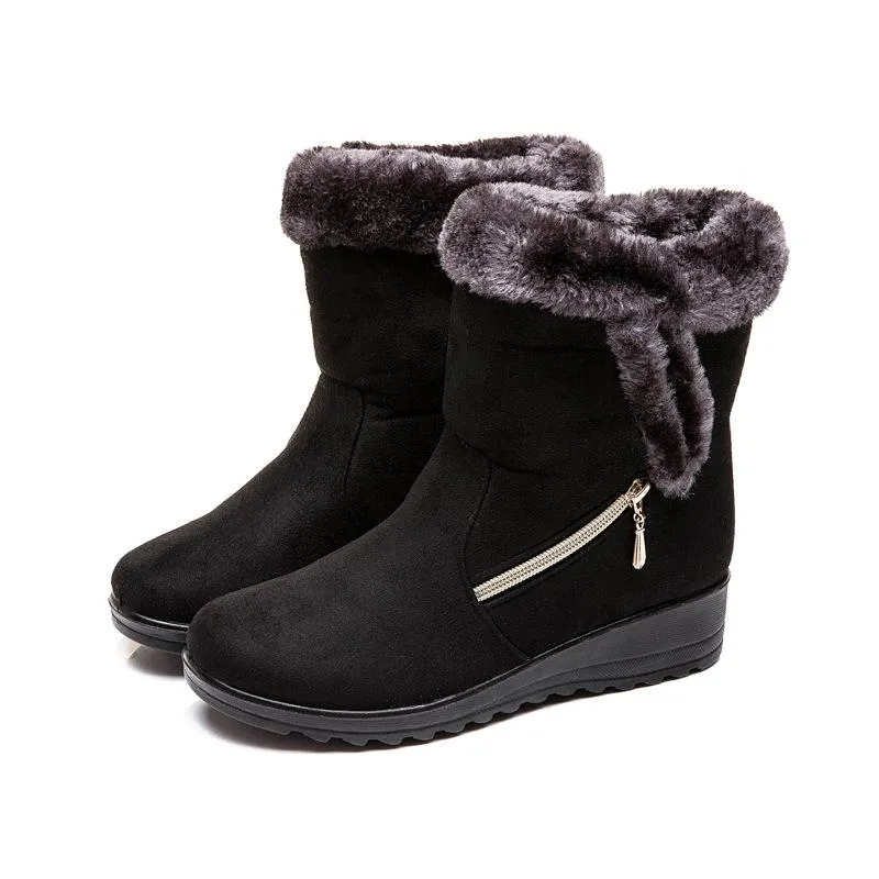 Women flat heel side zipper faux fur short winter snow boots