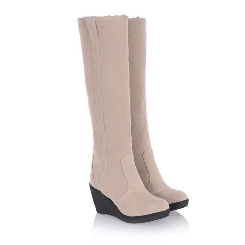 Women knee high thick faux fur wedge snow boots