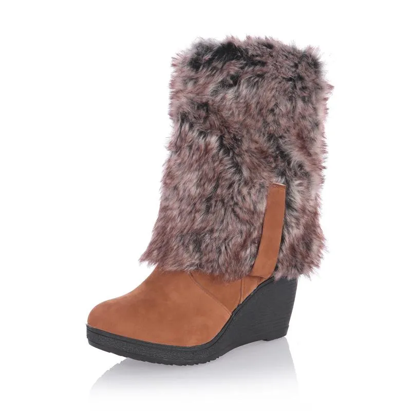 Women knee high thick faux fur wedge snow boots