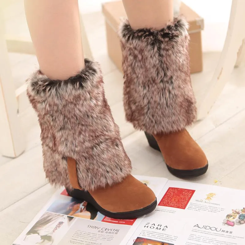 Women knee high thick faux fur wedge snow boots