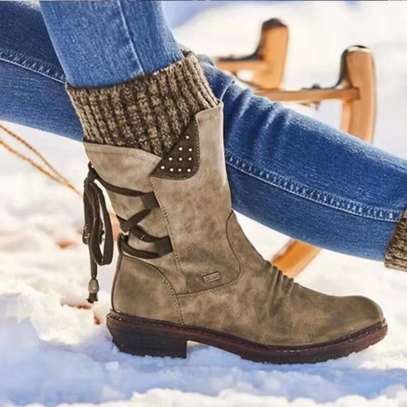 Women's sweater cuff snow boots mid calf zipper low heel back lace-up boots