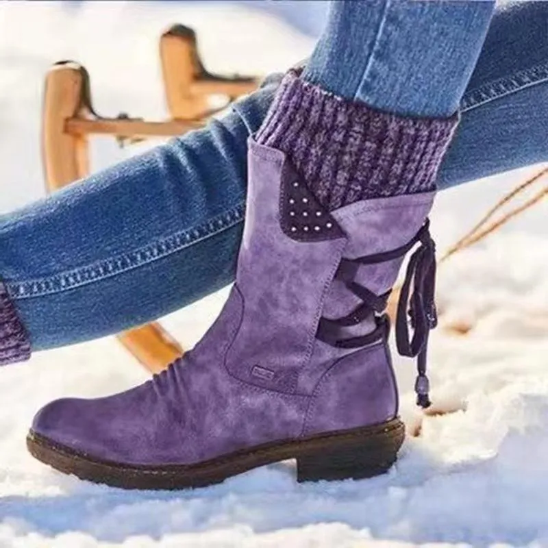 Women's sweater cuff snow boots mid calf zipper low heel back lace-up boots