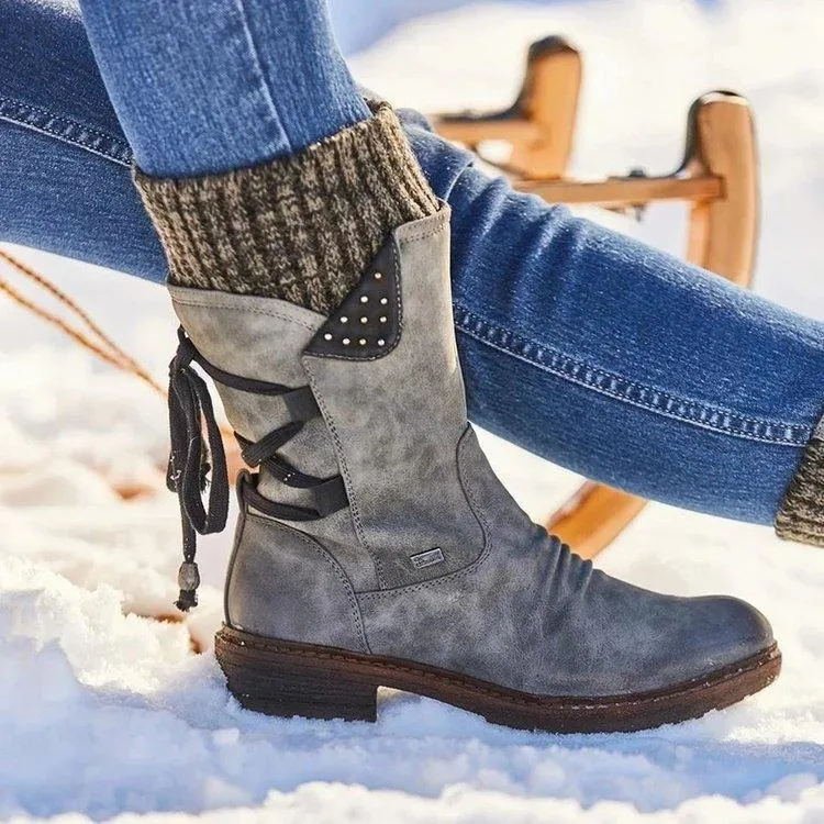 Women's sweater cuff snow boots mid calf zipper low heel back lace-up boots